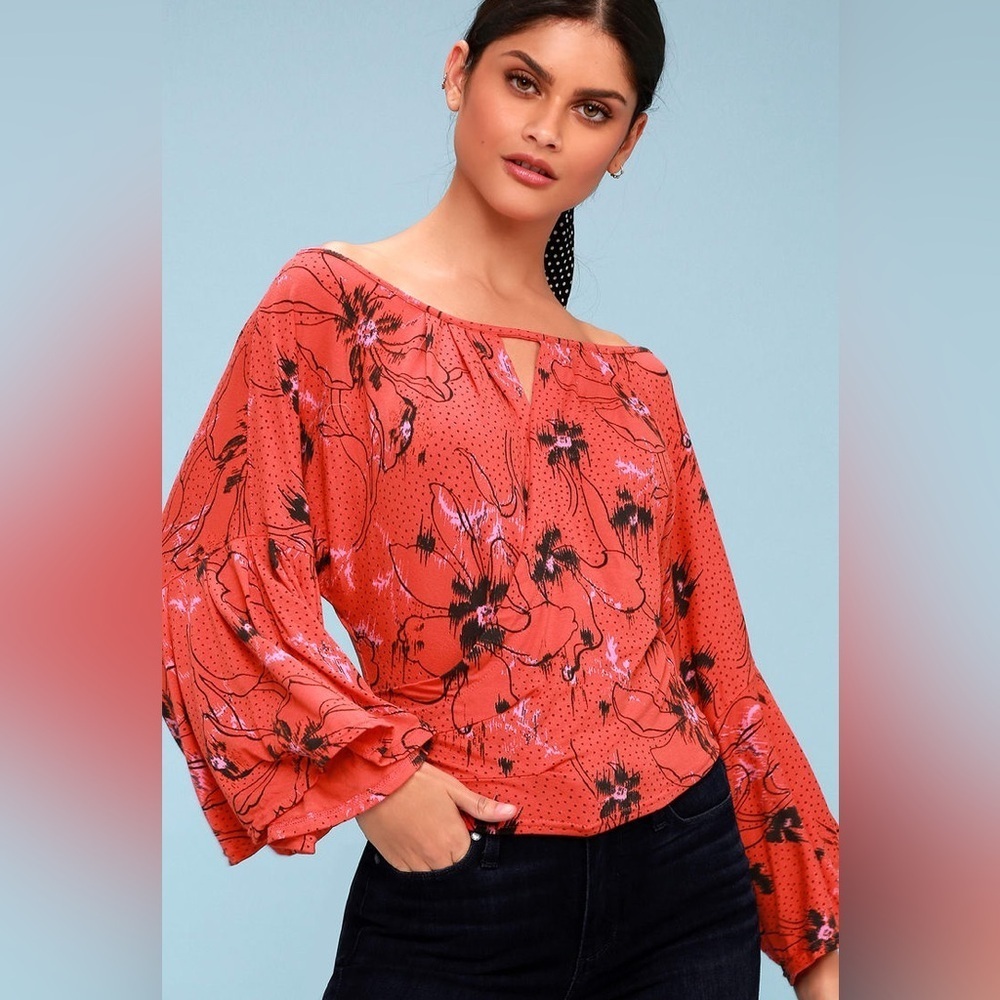 Free People Last Time Orange Print Surplice Bell Sleeve Crop Top